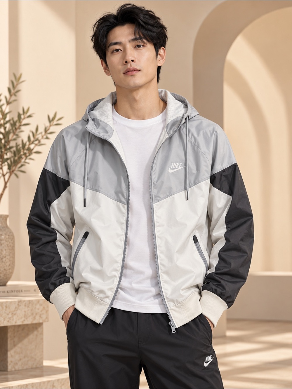 Nike Men’s Windbreaker Jacket | Grey White Black | Size M